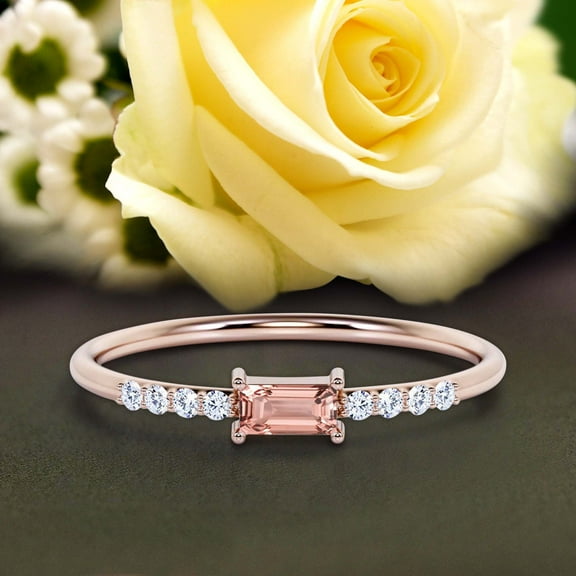 Beautiful Minimalist 0.95 Carat Emerald Cut Morganite And Diamond Moissanite Engagement Ring, Wedding Ring in 925 Sterling Silver With 18k Rose Gold Plating, Gift For Her, Girlfriend, Promise Ring