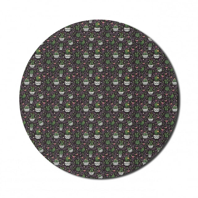 Cactus Mouse Pad for Computers, Geometrical Design with Flowering Succulent Exotic Plants in Flower Pots and Hearts, Round Non-Slip Thick Rubber Modern Mousepad, 8" Round, Multicolor, by Ambesonne