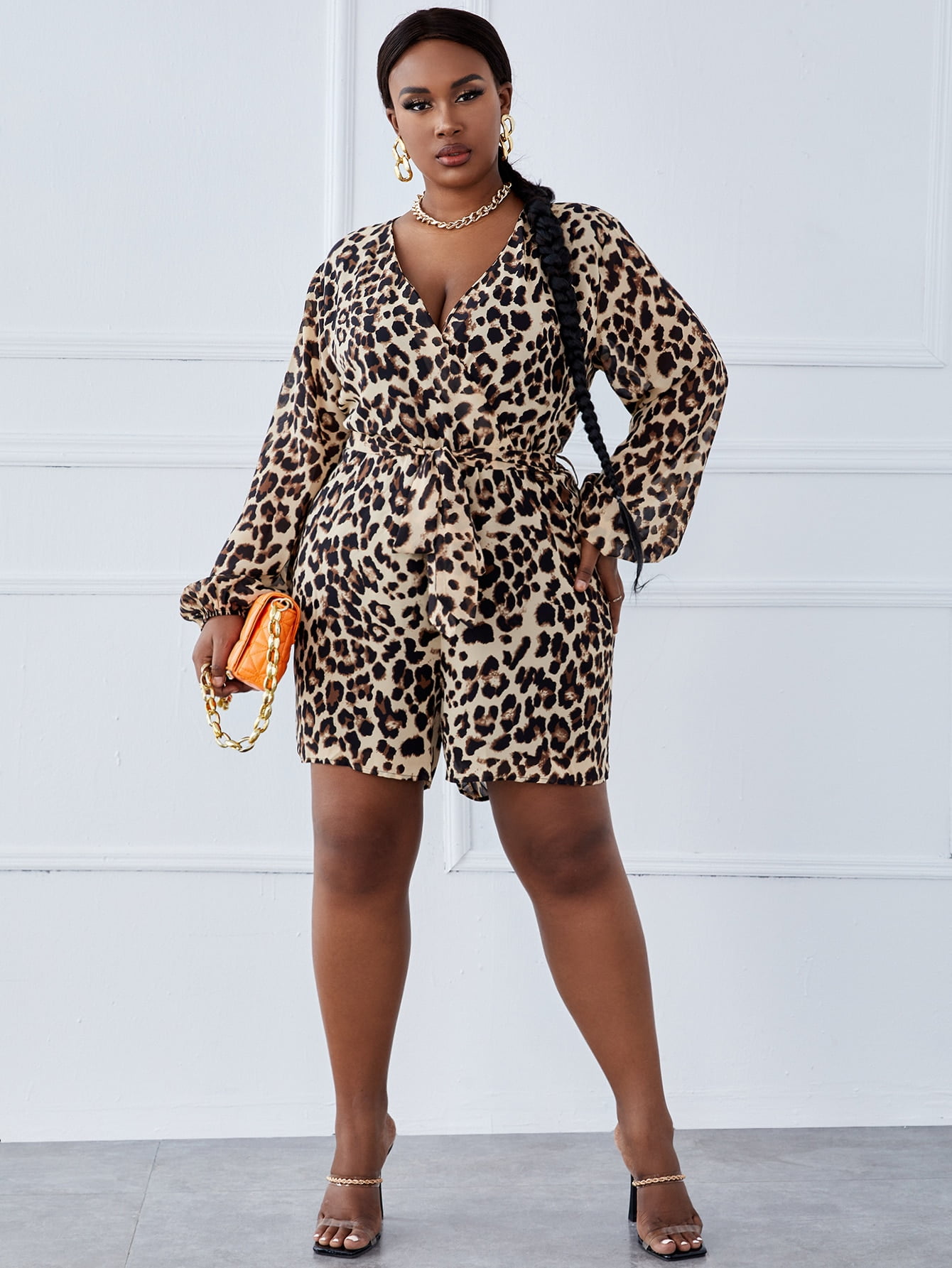 Plus Size Leopard Print Belted Romper 