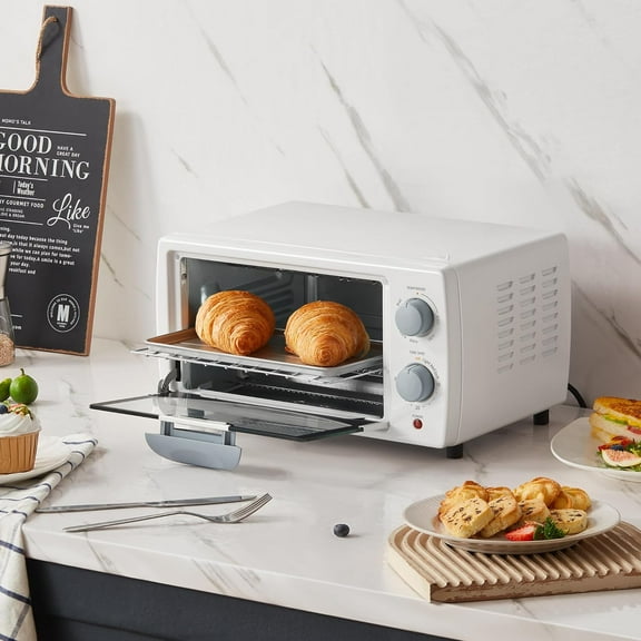 Compact Toaster Oven with 3 Functions, 4 Capacity, 950W White Mini Oven for Pizza & Baking