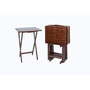 Mainstays 5-Piece Rubberwood Folding TV Tray Table Set of 4 with Storage Rack, Walnut