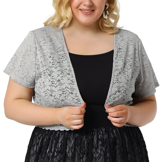 Women's Plus Size Shrug Cardigan Lace Allover Open Front Short Sleeve Crop Bolero Jacket Grey 4X