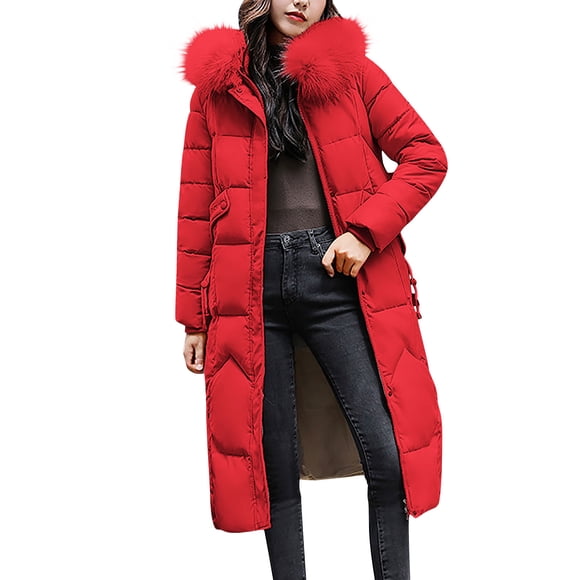 Xdegoge Women's Winter Puffer Coat Casual Long Faux Fur Hooded Snow Jacket Thicken Parka Padded Thermal Down Outwear for Cold Freezing Weather with Pockets Plus Size Clothes Red XL