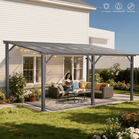 GVDV 14'x10' Wall Mounted Pergola, Aluminum Patio Gazebo with Waterproof & UV Protection, Outdoor Gazebo for Backyard/Deck