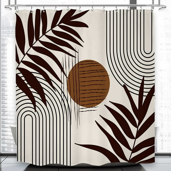 Mid Century Modern Shower Curtain Brown Boho Shower Curtain Abstract Leaves Shower Curtain Set 72Wx72H Minimalist Geometric Bath Curtain Aesthetic Plant Bathroom Accessories Art Home Decor