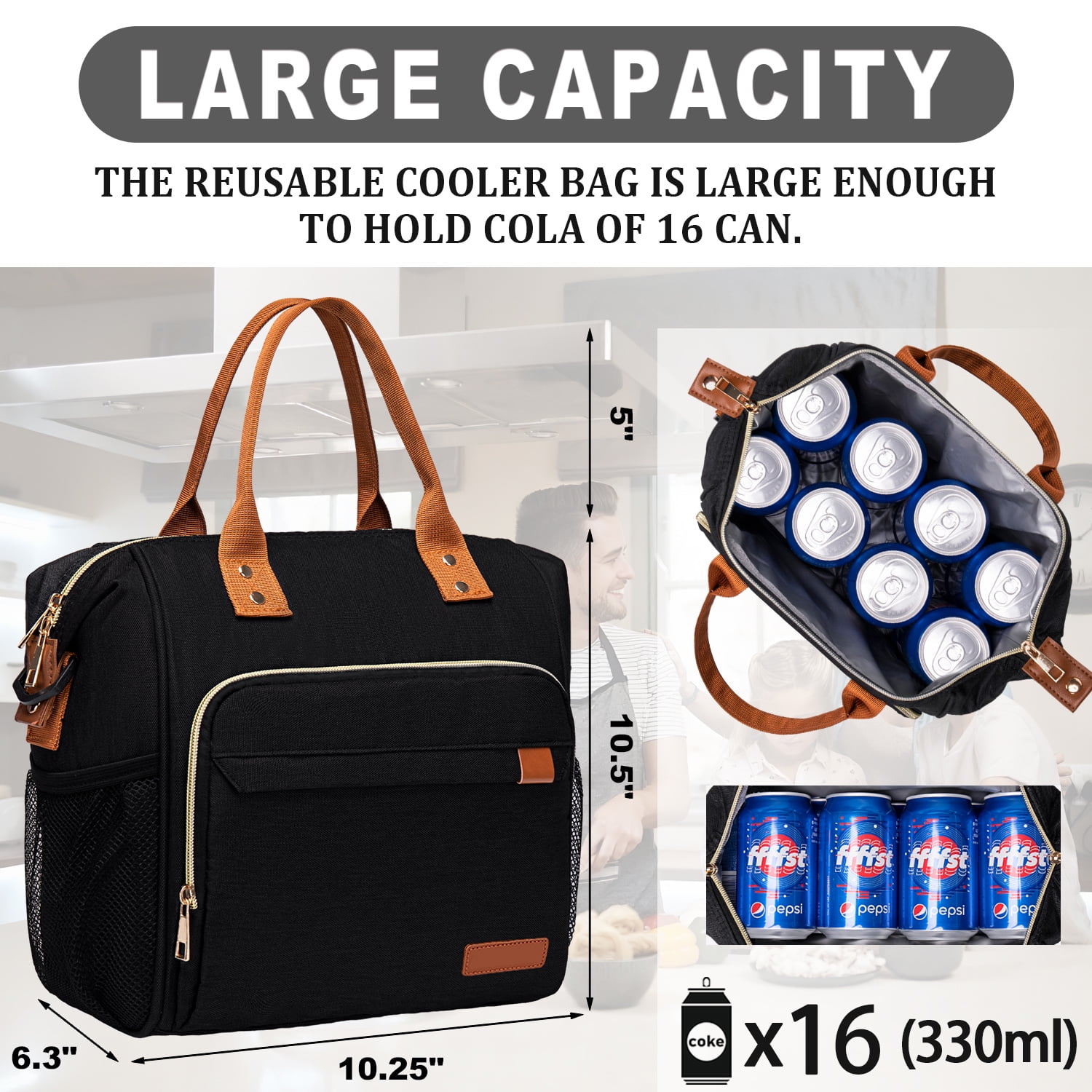 Insulated Lunch Bags for Women Men, Adult Lunch Box for Female Teacher Nurse Mom, Fashion Ladies Lunch Tote Bag for Work, Black