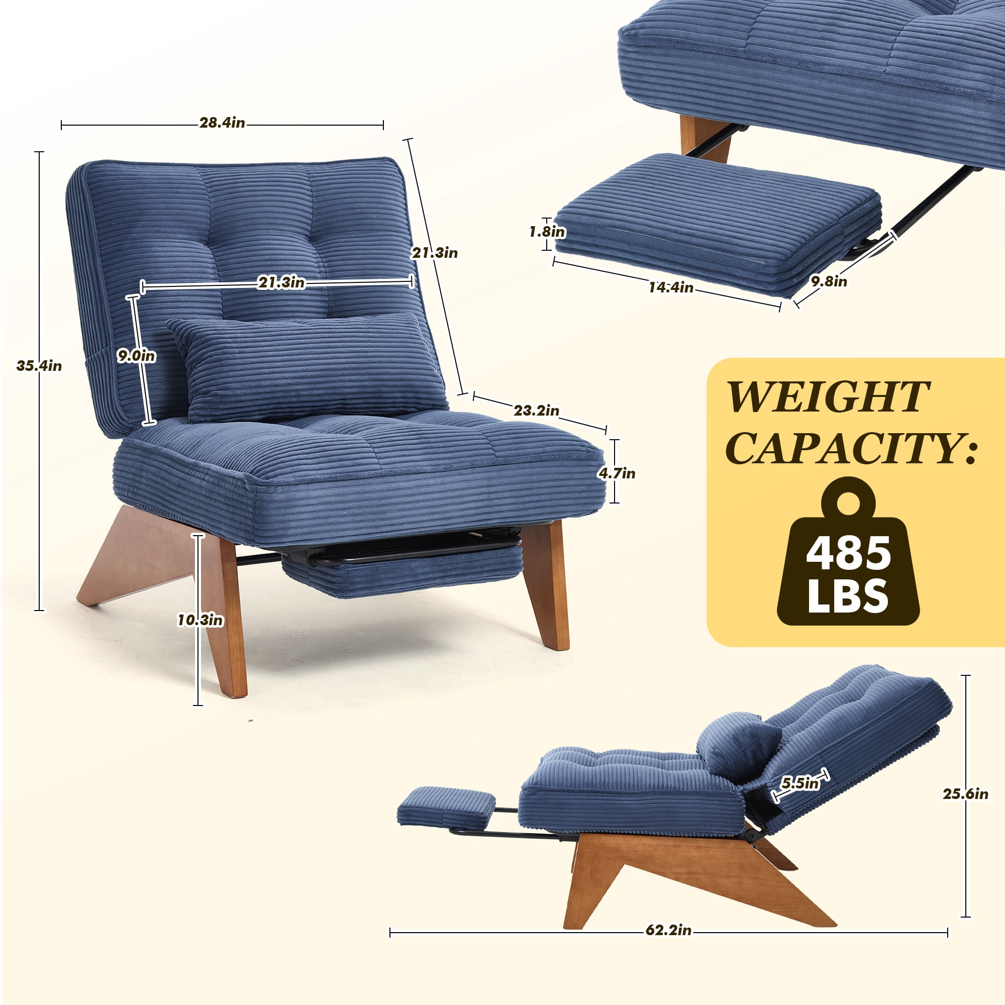 MOONMISS Modern Adjustable Lounge Chair with Footrest,Wooden Base Upholstered Recliner for Reading Rest Corduroy