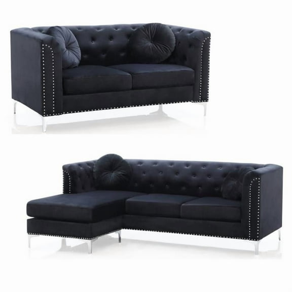 Home Square 2-Piece Set with Velvet Sofa Chaise and Loveseat in Black