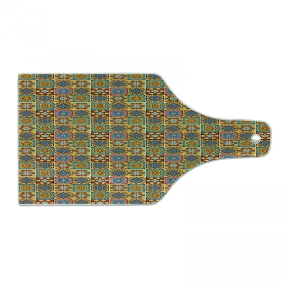 Traditional Cutting Board, Floral Tile Mosaic Style Azulejo Portuguese Moroccan Cultural Motif, Decorative Tempered Glass Cutting and Serving Board, Wine Bottle Shape, Multicolor, by Ambesonne