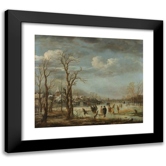 Aert van der Neer 14x12 Black Modern Framed Museum Art Print Titled - Winter Landscape Near a Town with Bare Trees (C. 1650 - C. 1655)