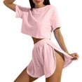 thumbnail image 2 of Xunmmm Women's Pajamas Set Comfortable Loose Solid Color Mesh Hollow Short Sleeve T-shirt and Short Home Clothes 2 Piece Set Loungewear, 2 of 6