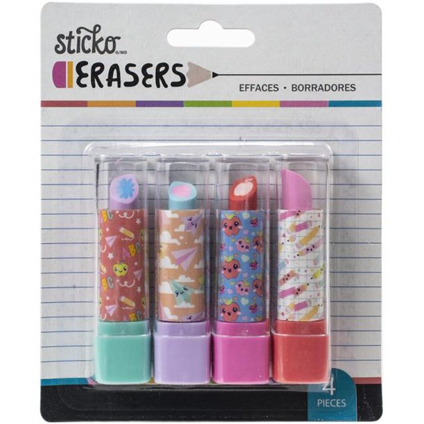 Sticko 8600548555 Retractable Lipstick Erasers, School 4 per Pack