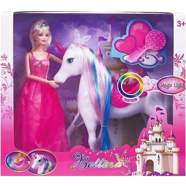 Yellow River Magic Light Unicorn and Princess Doll Playsets with Hair Clips, Unicorn Gifts, Unicorn Toys, Plastic, White