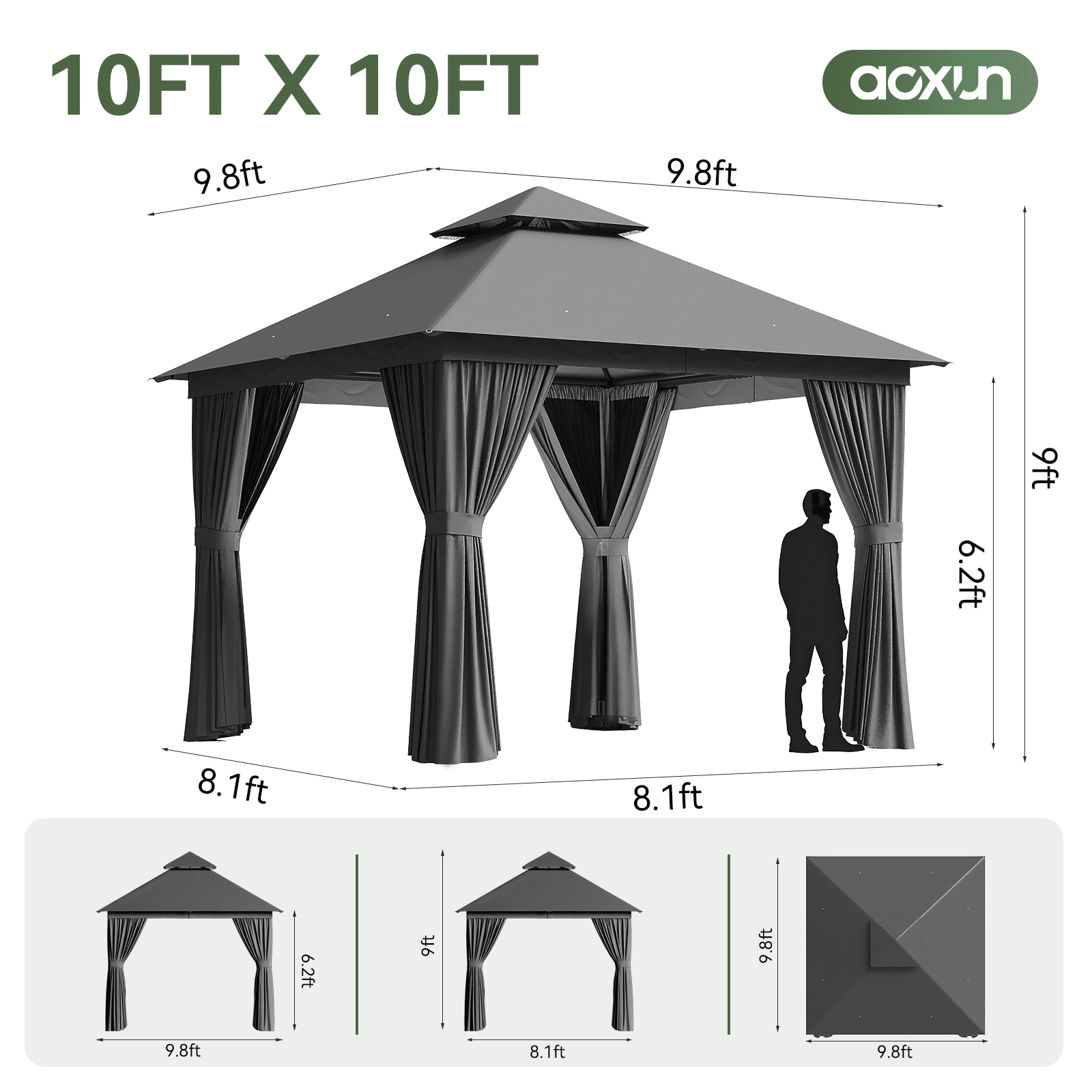 Aoxun 10x10 FT Outdoor Gazebo with Double Roof, Heavy-Duty Metal Frame Canopy featuring Mosquito Net & Privacy Screen for Patio, Garden, Deck and Backyard (Gray)