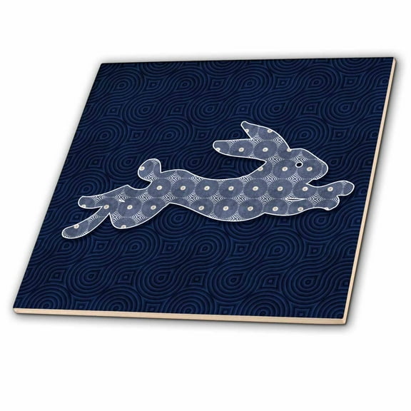 3dRose, Running Jackrabbit Woodland Theme Blue and White Geometric Patterns, 8 Inch Ceramic Tile