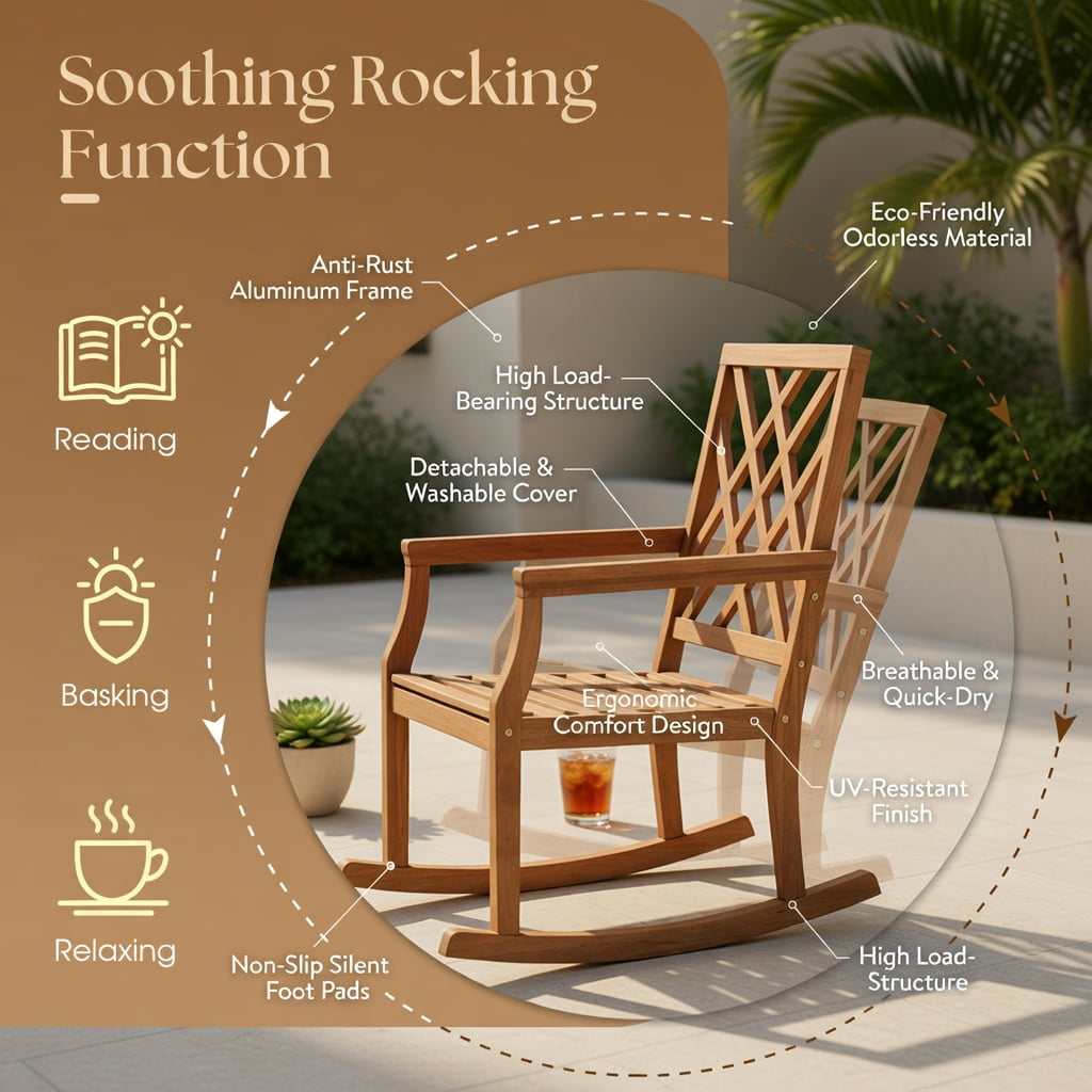 Hommoo Oversized Teak Wood Rocking Chair for Outdoor Patio, Sturdy Indonesian Teak Porch Rocker with Ergonomic Backrest & Slatted Seat, Brown
