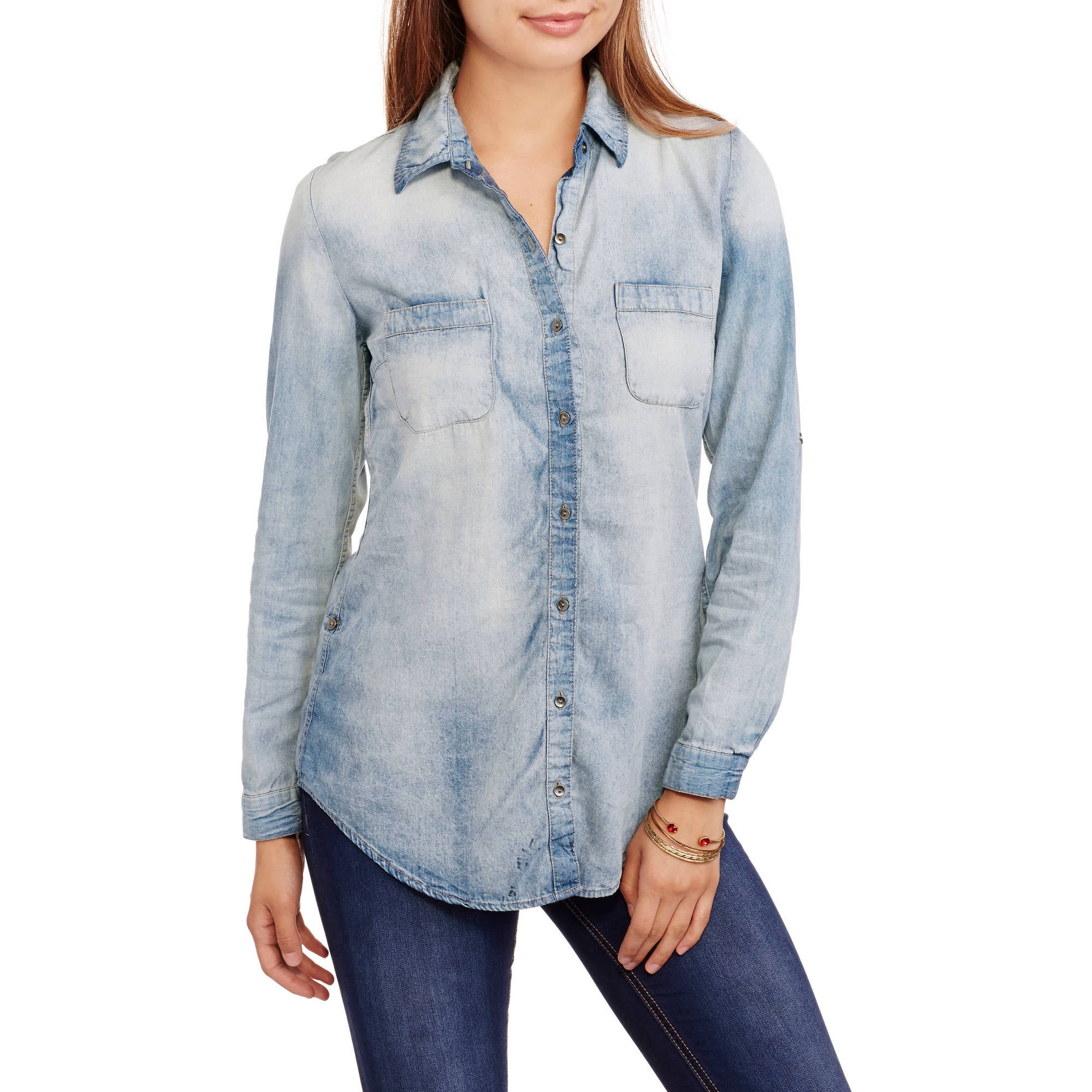 Juniors' Denim Tunic Top with Tab 