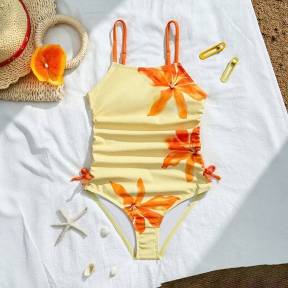 Big Girls Swimsuit Floral print Swimwear One-piece Bathing Suit Graphic Sleeveless For Beach Pool Surfing,Orange,Age 11-12 Years