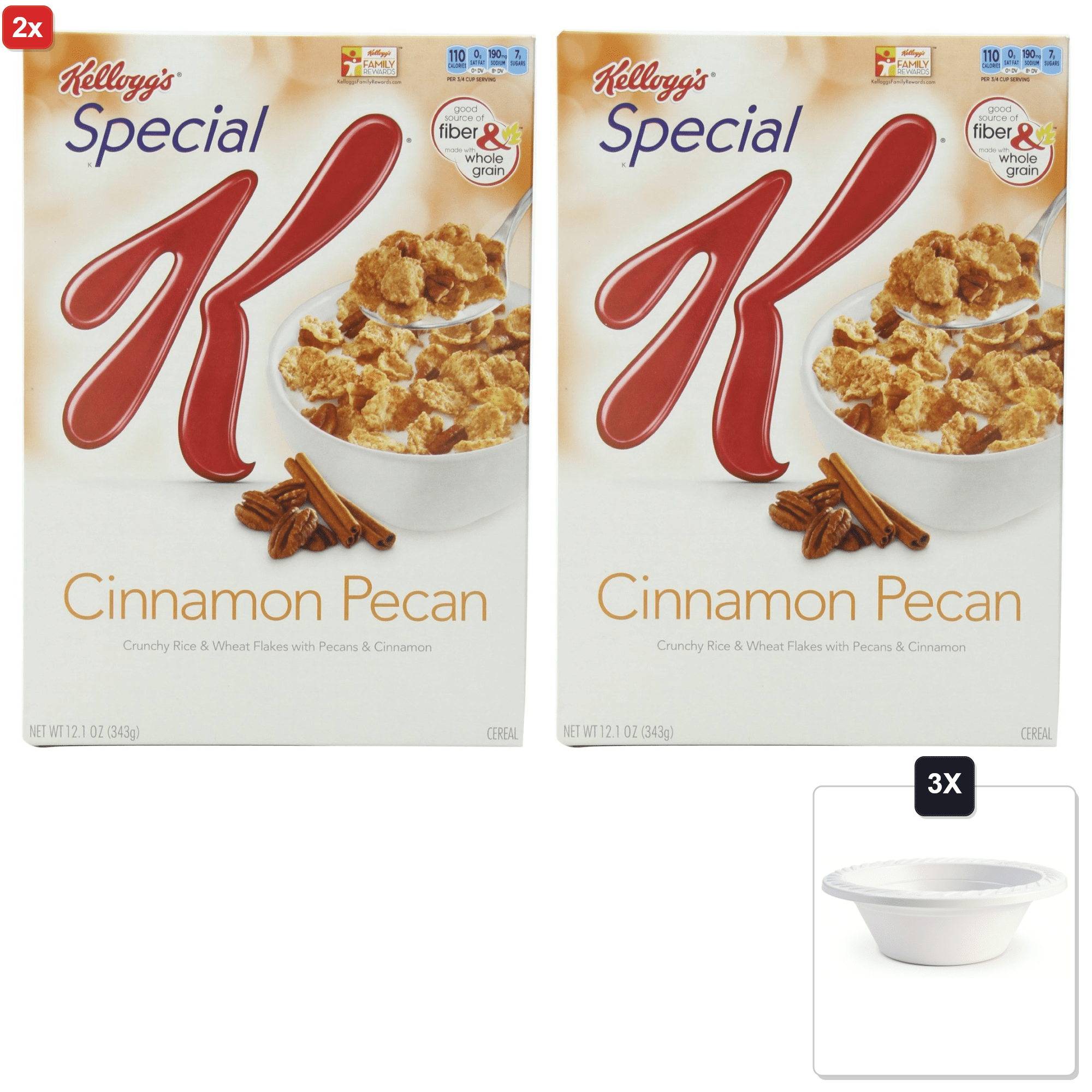 2x | Kelloggs Special K Cinnamon Pecan Cereal, 12.1 oz (3 Pack) & 3x 12oz Disposable Plastic Bowl