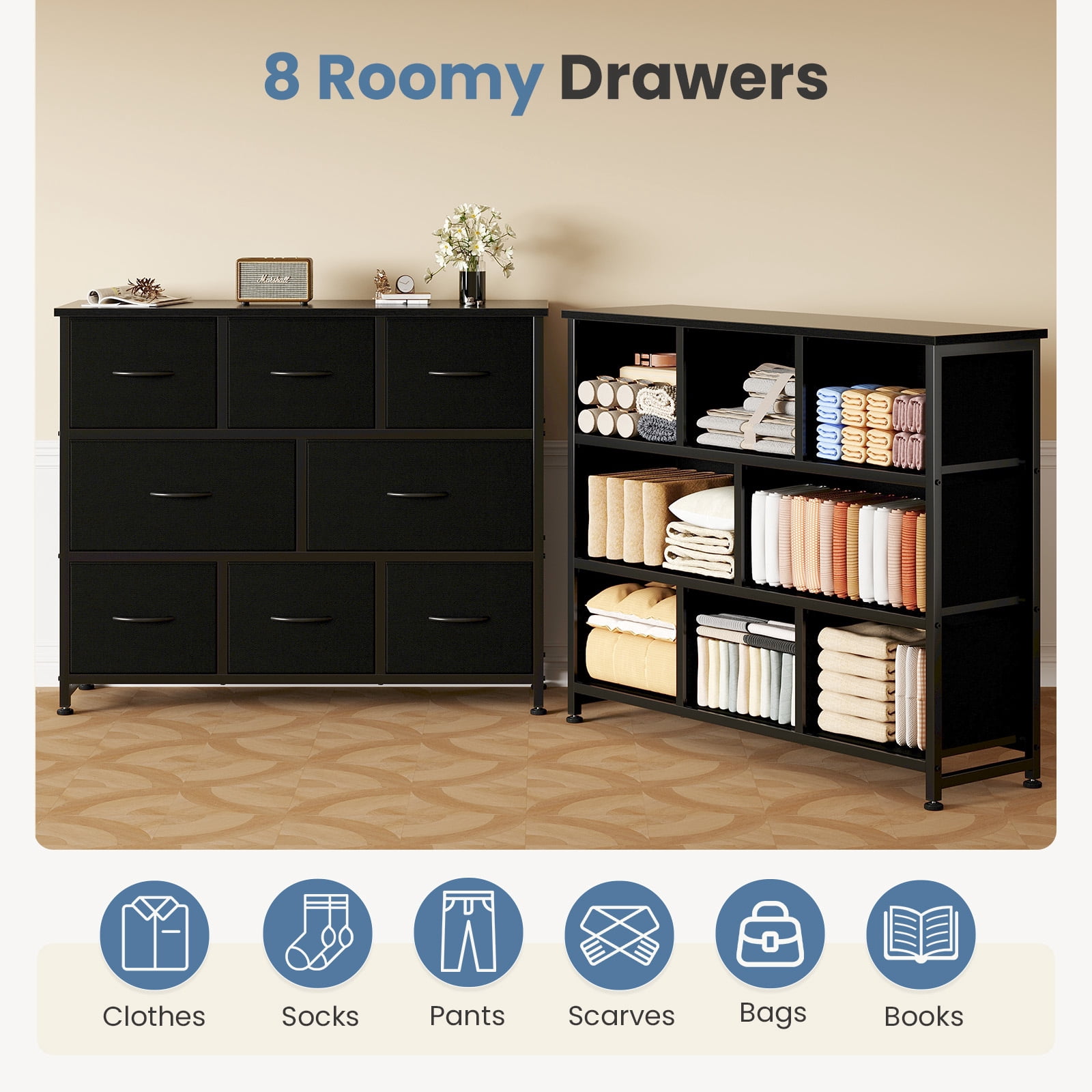 CONCETTA 8 Drawer Fabric Chest, Dresser for Bedroom, Wide Storage Tower for Closet, Living Room, Hallway, Black
