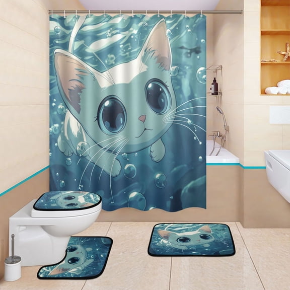 BZSMCE 4PCS Bubbly White Kitten Adventure Shower Curtain Set Bathroom Decorative Set