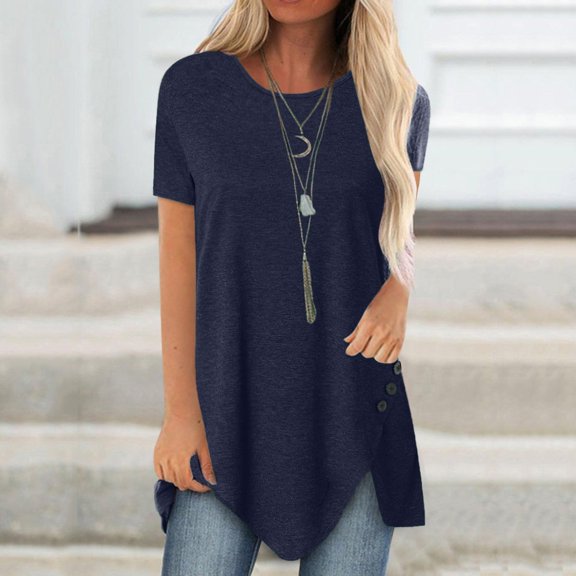 QUINDOS Summer Women's Tshirt Blue Cotton Oversized Short Sleeve Tops for Women 2024 Crew Neck Button Solid Birthday Tops