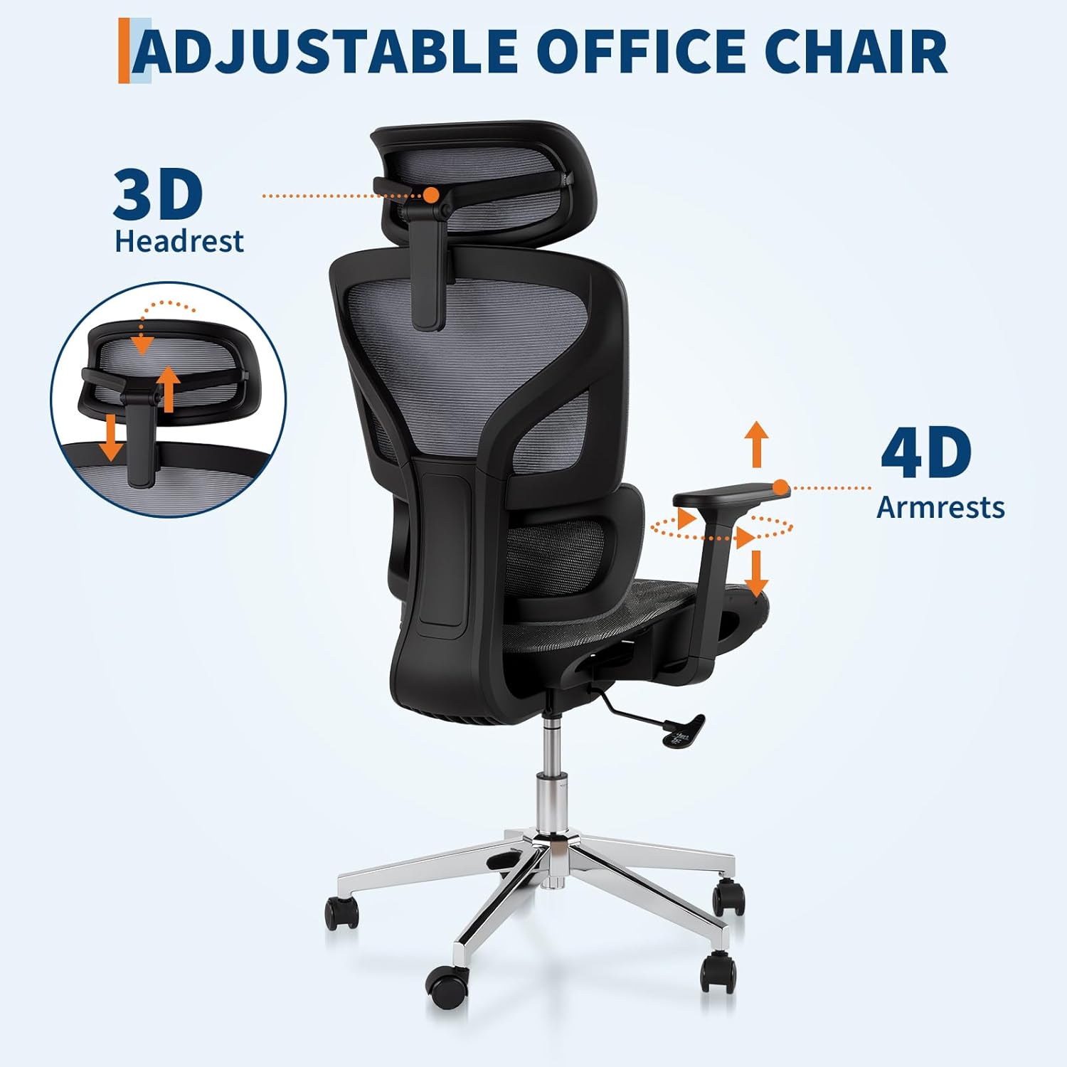Ergonomic High Back Mesh Office Chair, Adjustable Armrest, Lumbar Support & Headrest, Slide Seat & Tilt Lock, Rolling Computer Desk Chair for Home Office, Gray