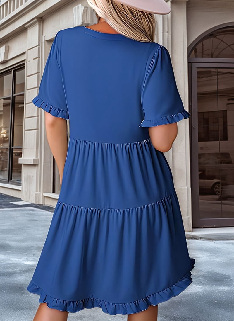 Womens Dresses 2025 Summer Spring V Neck Short Sleeve Casual A Line Flowy Swing Shift Dress Mini Dress Blue XL