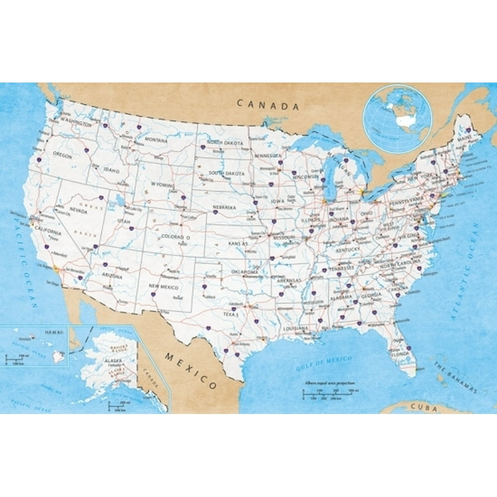 Map Of Usa - Road Map Laminated Poster (36 X 24) - Walmart.com