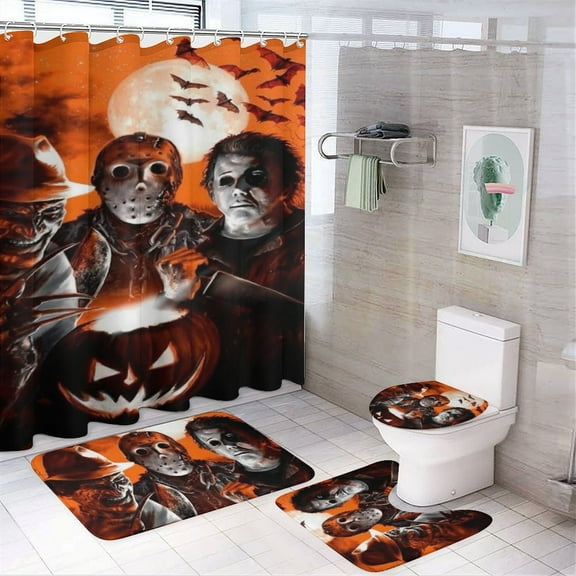 Michael Myers 4 Piece Shower Curtain Set with Non-Slip Rugs, Toilet Lid Cover and Bath Mat, Funny Bathroom Curtains Decor Set with Rugs and 12 Hooks, 72" x 72"