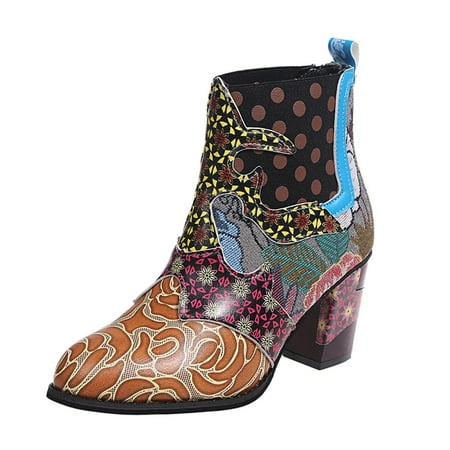 

Juebong Retro Women Suqare Heels Zipper Flower Print Short Booties Round Toe Shoes Orange Size 5