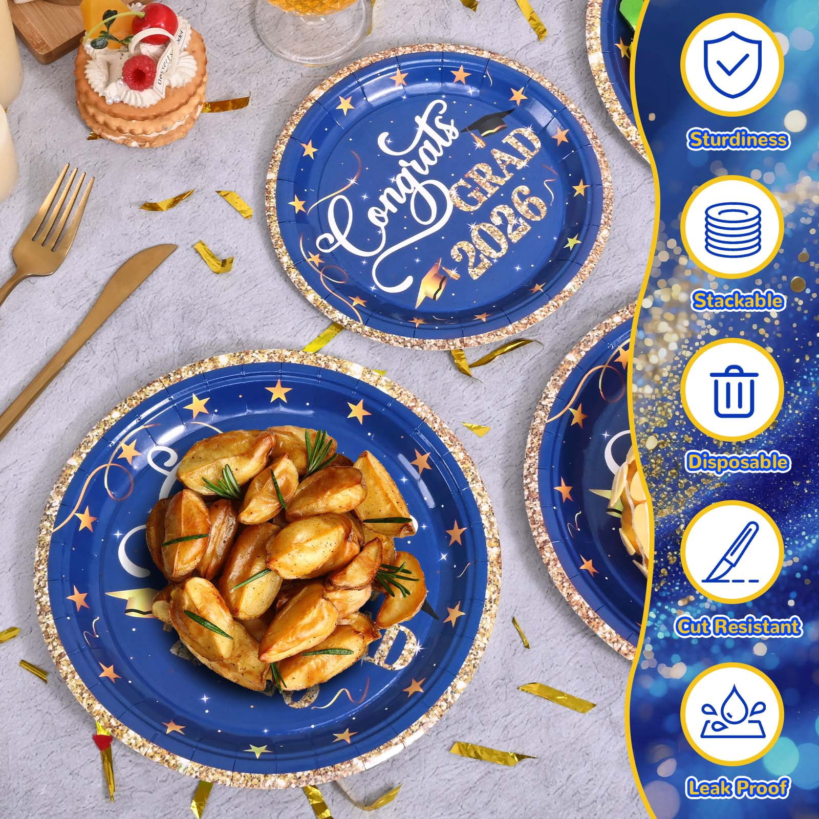 DAZLUTE 100pcs Graduation Paper Plates Decorations Class of 2026 Graduations Disposable Party Supplies(Blue)