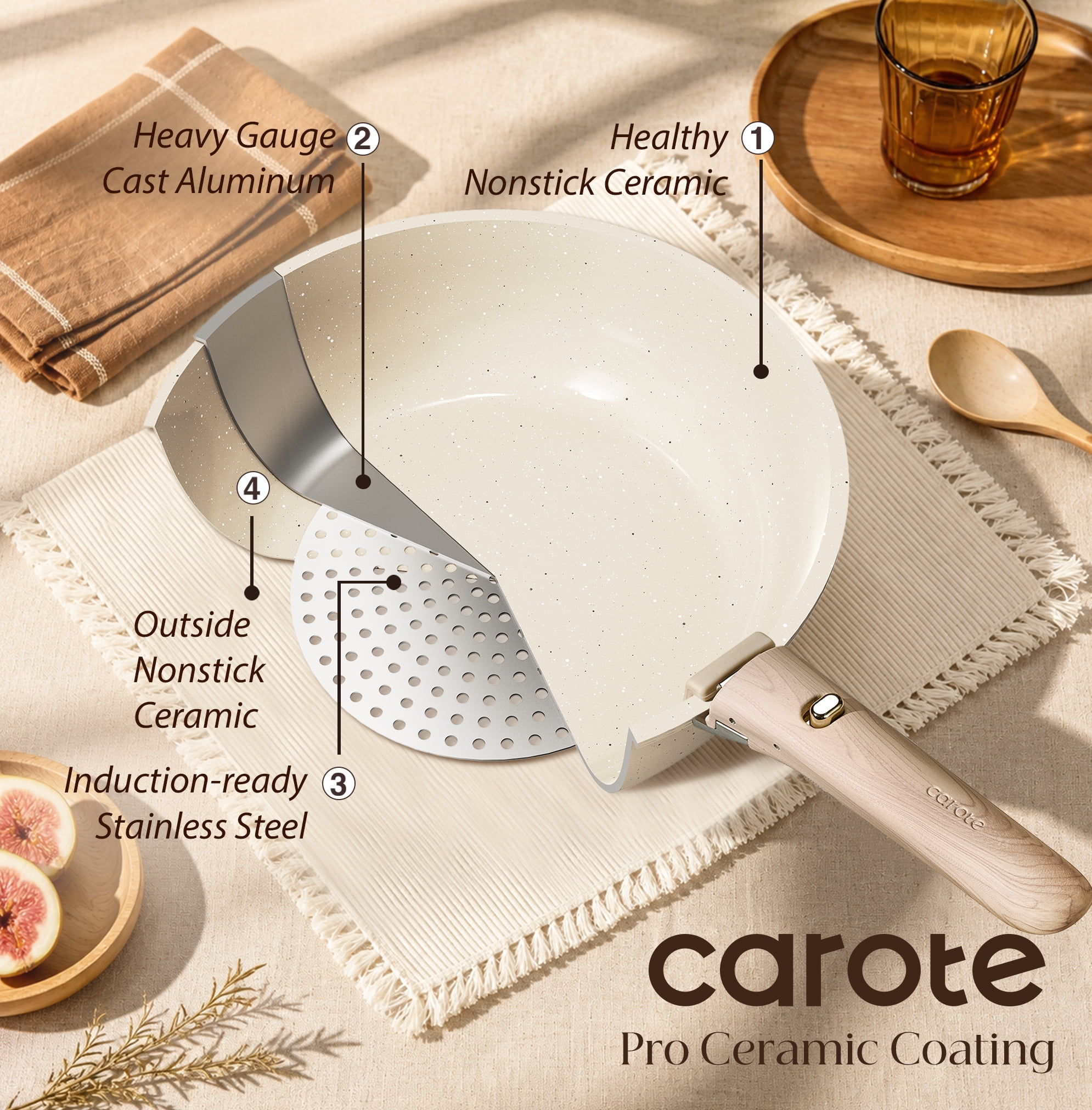 Carote 24-Piece Detachable Cookware Set, Khaluna Cream White, Ceramic Nonstick, Made Without Intentionally Added PFAS