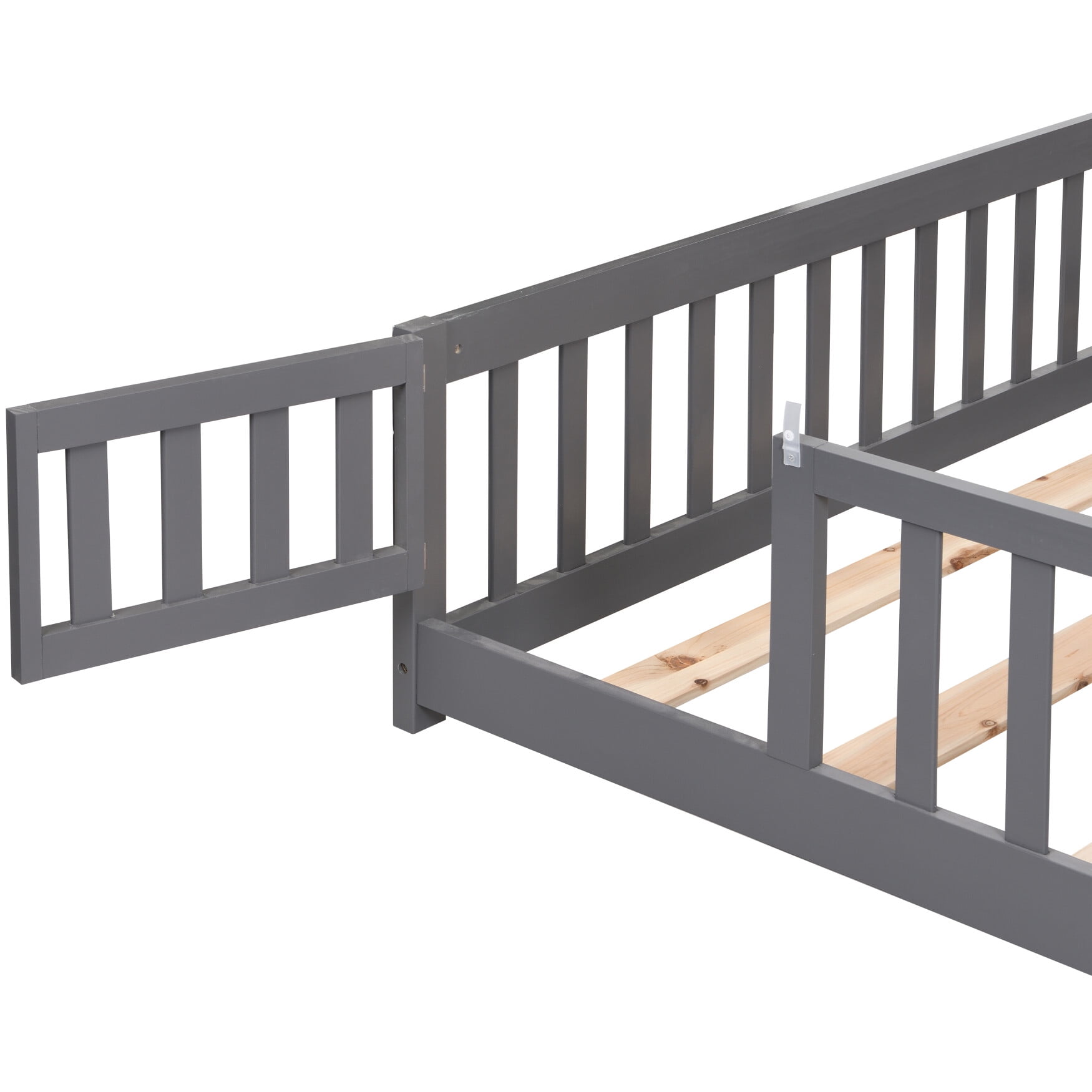 Full Size Montessori Floor Bed, Solid Wood Playhouse Bedframe with Safety High Fence and Door, Sturdy and Durable, Pine Wood Montessori Floor Bed for Girls and Boys, Gray
