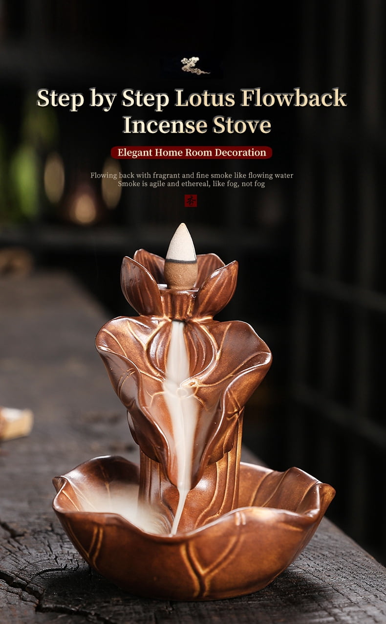 Ceramic Lotus Backflow Incense Burner Indoor Waterfall Smoke Incense Holder Creative Retro Lotus Leaf Incense Burner Aromatherapy Ornament