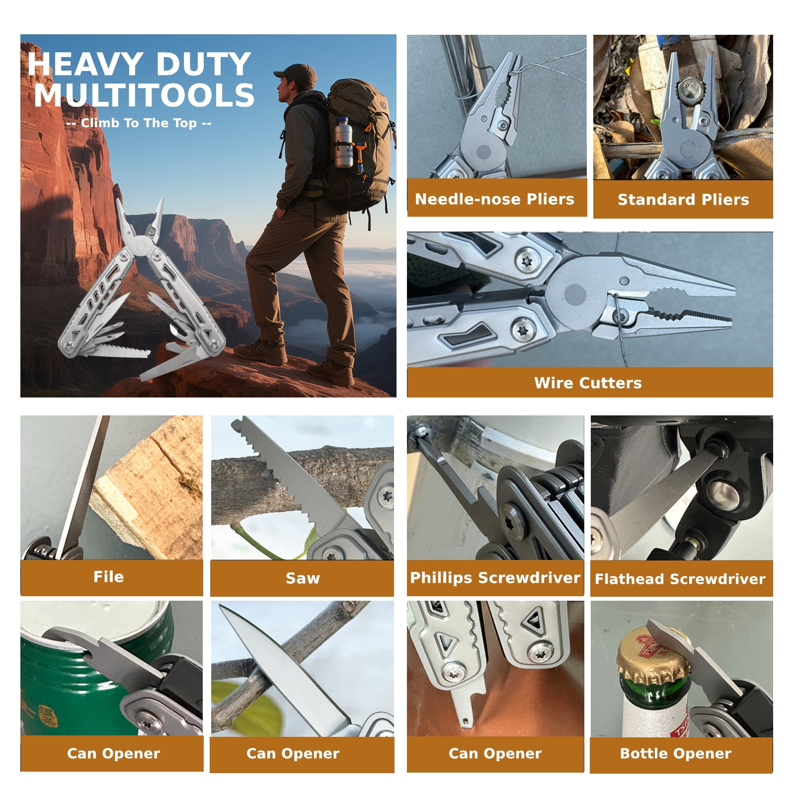 14-in-1 Multitool with Knife -Stainless Steel Multi-Functional EDC Tool  for Men,Ideal Gear with Tools for Camping Hiking,Survival, EDC- Best Gifts for Dad Husband Boyfriend