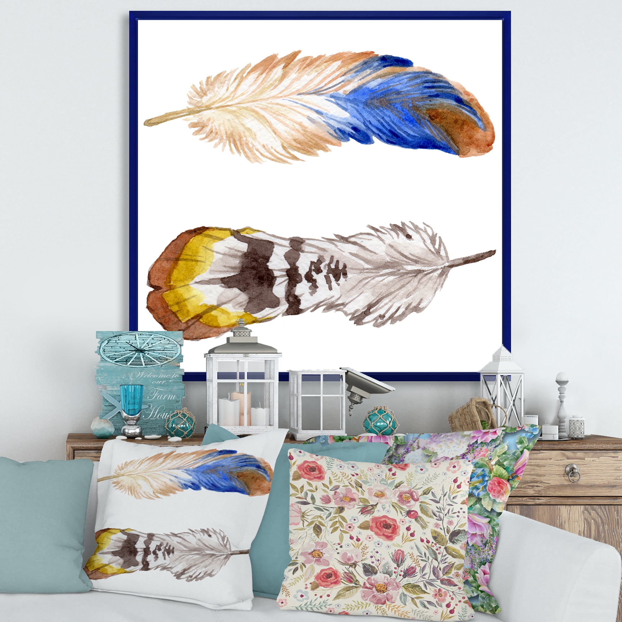 Colourful Boho Art Feather Set III 30 in x 30 in Framed Painting Canvas Art Print, by Designart