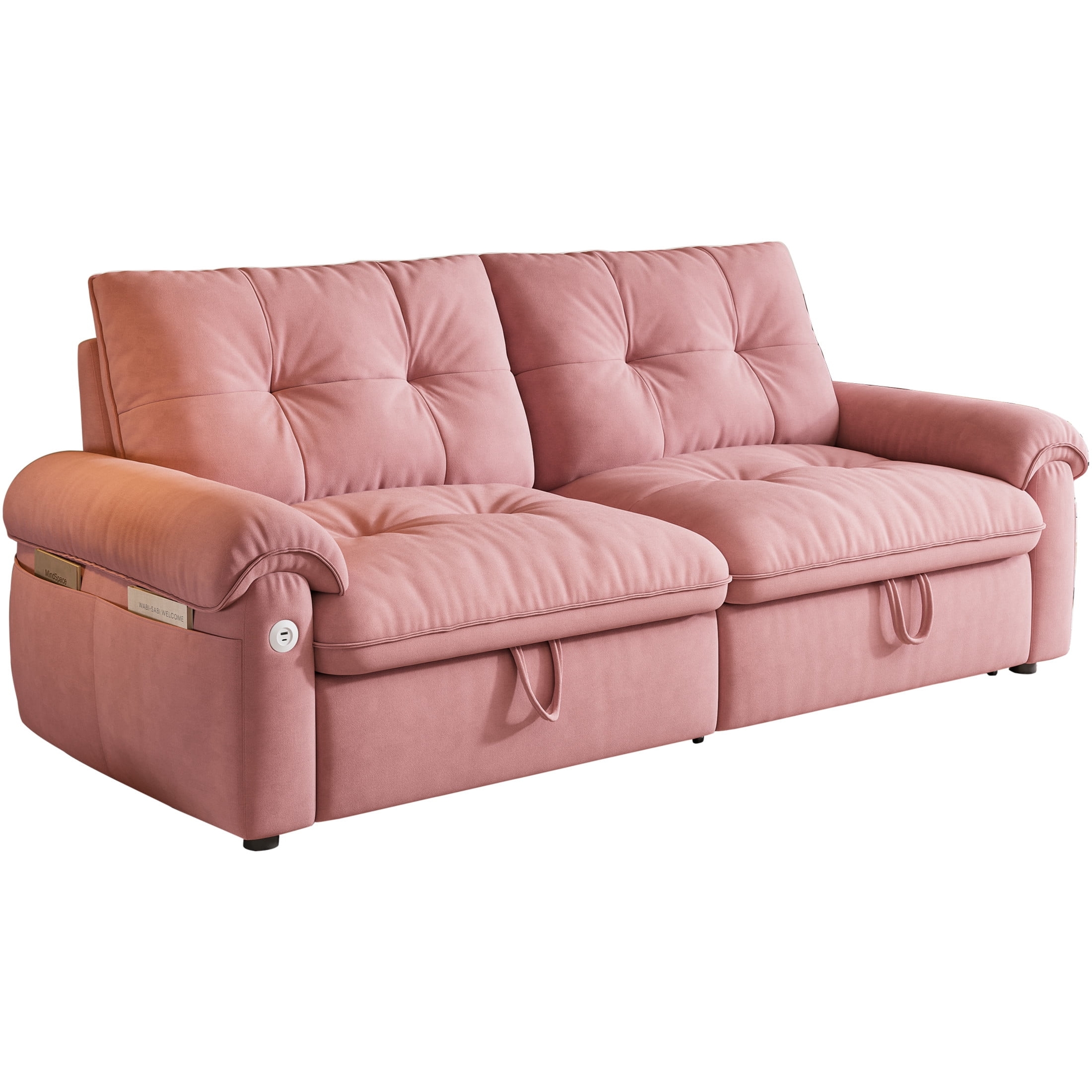 Noble House 77" Modern Velvet Convertible Sofa Bed, Pull Out Loveseat with Adjustable Backrest & USB Ports, Pink