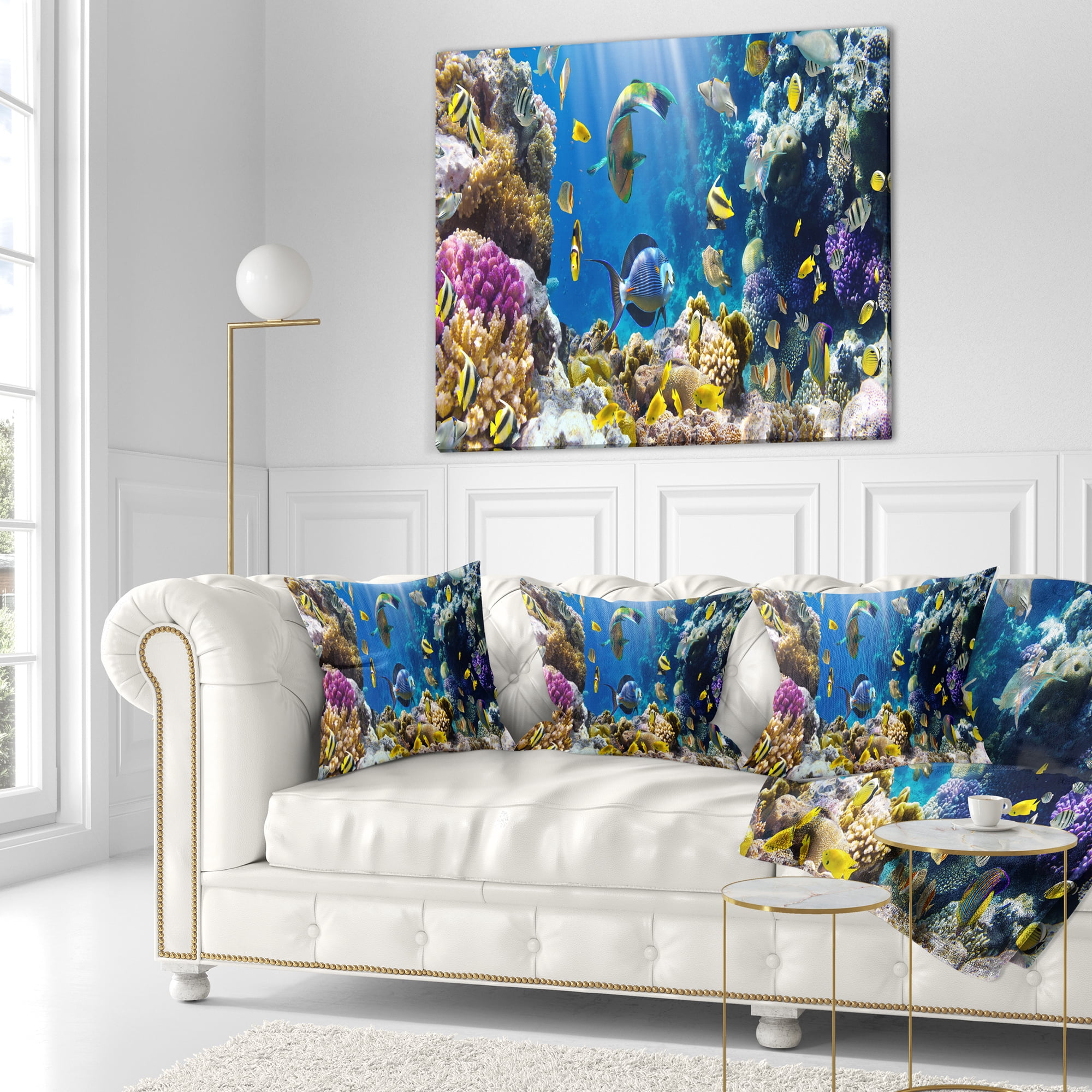 Designart Fish in Coral Reef - Seascape Photography Throw Pillow - 16x16