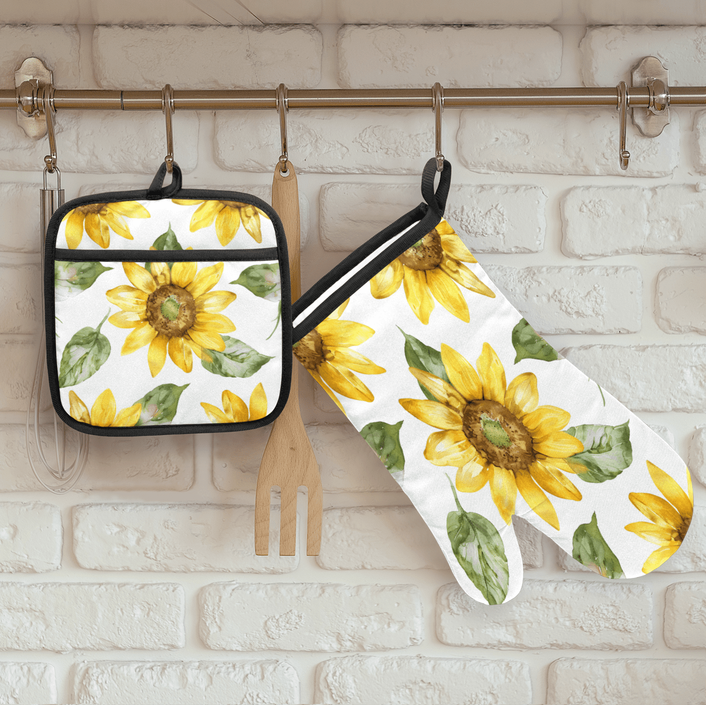 CURLYOOT Sunflower Oven Mitts and Pot Holders Sets of 2, Non-Slip Washable Spring Floral Hot Pads and Oven Gloves for Kitchen Cooking Baking