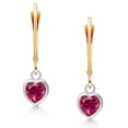 thumbnail image 2 of Gem Stone King 925 Sterling Silver and 14K Yellow Gold Red Created Ruby Drop Dangle Leverback Earrings for Women (1.92 Cttw, Gemstone Birthstone, Heart Shape 6MM), 2 of 4