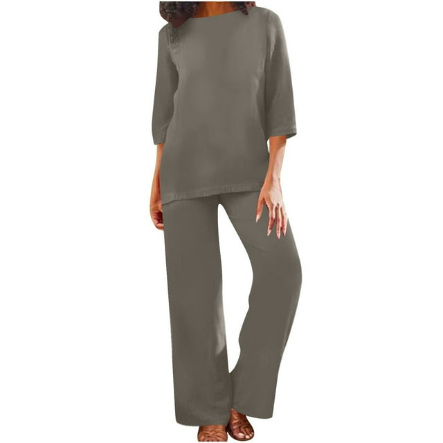 cfhntfmh Cotton Linen Sets for Women 2 Piece Outfits Lounge 3/4 Sleeve Basic Tops Fall Solid Color Plus Size Long Pants