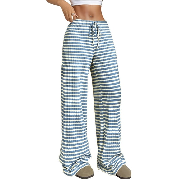FEOYA Women's Striped Pants Wide Leg Drawstring Elastic Waist Sweatpants Ladies Casual Cotton Trousers Straight Legged Pants Knit Baggy Sweatpants with Pockets Solid Color S