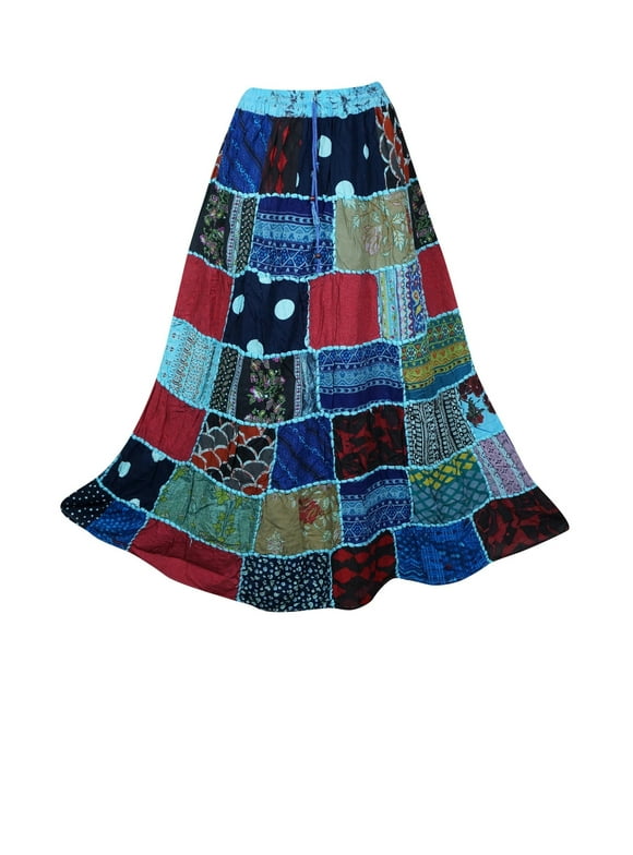 Patchwork Long Skirt, Bohemian Gypsy Chic Blue Printed S/M