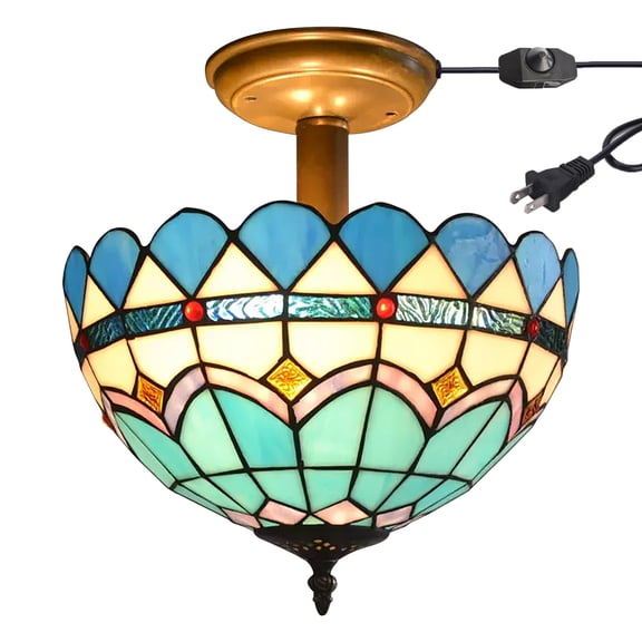 Kiven 11.8in Flush Mount Ceiling Light Fixture Dimmable, 2-Light Anti Glare Close to Ceiling Light with 15FT Plug-in Cord, Tiffany-Style Glass Chandelier for Bedroom Kitchen Hallway(No.3193)