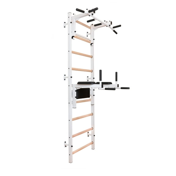 BenchK 732 White Wall bars with convertible steel 6-grip pull up bar that can also be used as a barbell holder and dip bar with back support