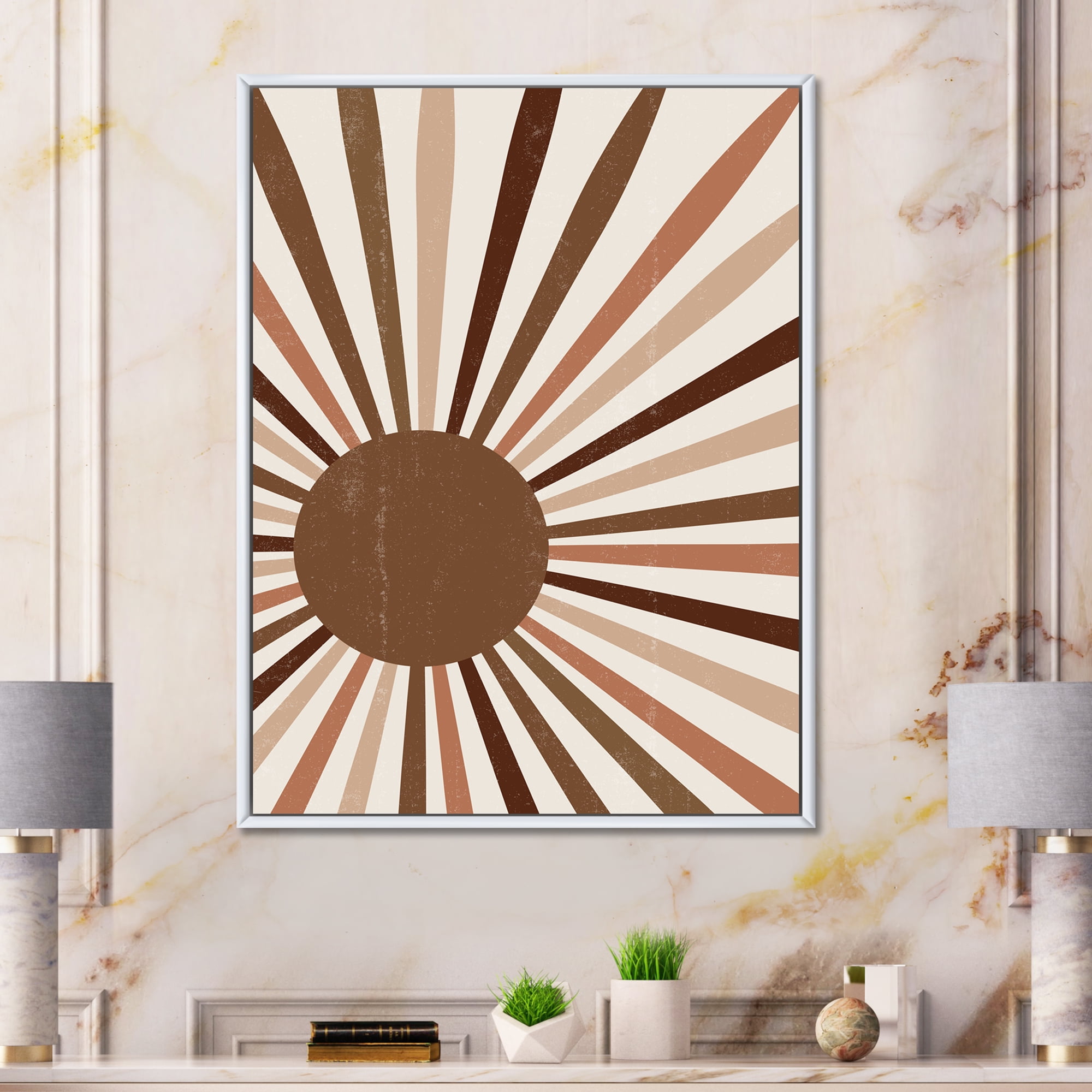 Designart 'Bright Minimalist Shining Terracotta Sun Rays' Modern Framed Canvas Wall Art Print