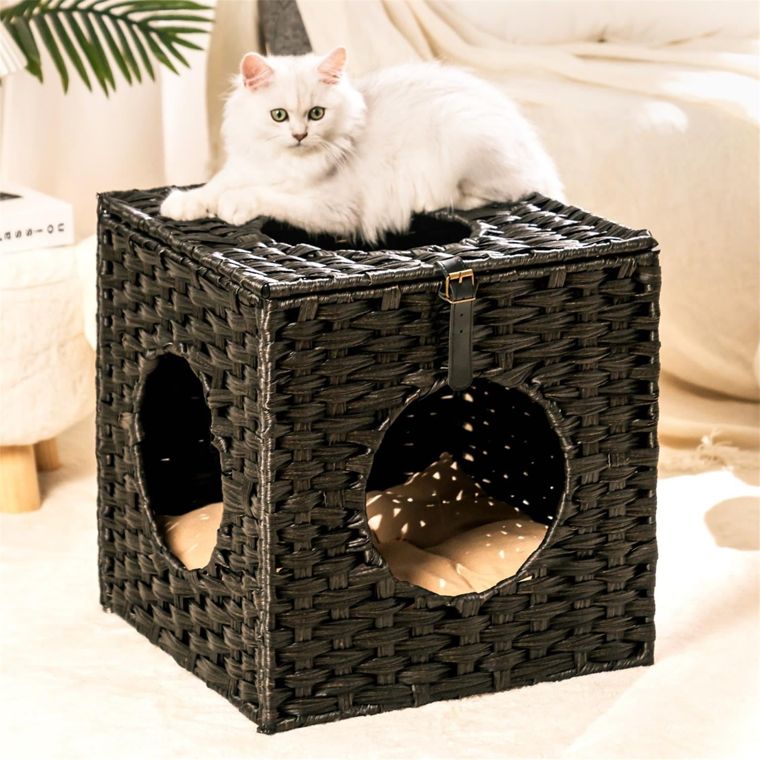 Pefilos 15.7 Inch Rattan Cat Bed, Wicker Kitten House Square Condo with Rattan Ball and Cushion, Black Pefilos 15.7 Inch Rattan Cat Bed, Wicker Kitten House Square Condo with Rattan Ball and Cushion, Black