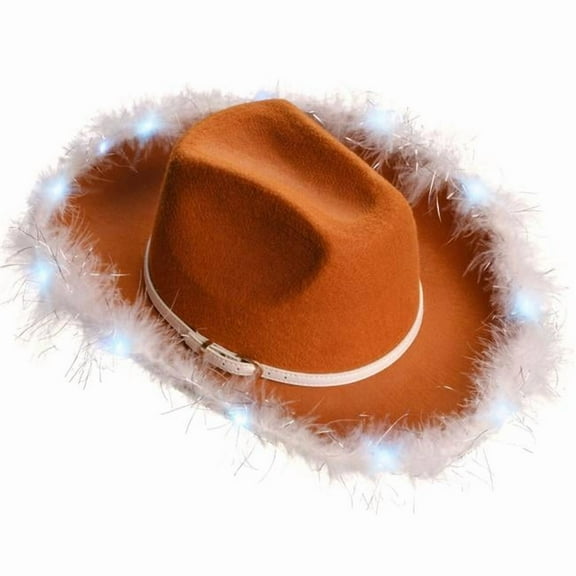Funcredible  Brown_Belt_LU_Hat Funcredible Brown Light Up Cowgirl Hat  Fluffy Cowboy Hat with White Belt  Brown Cowboy Hat for Birthday Parties