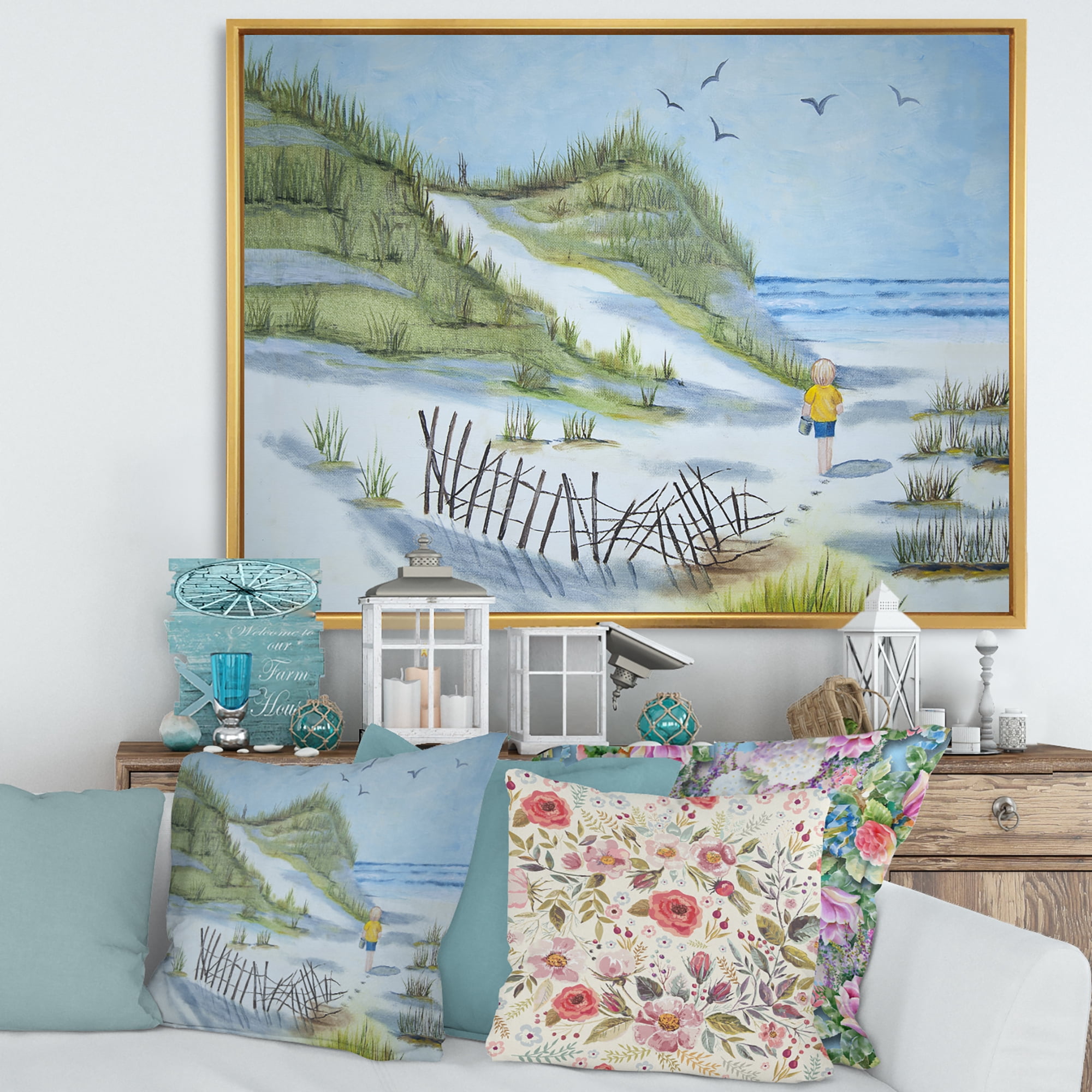 Designart 'Child Walking to The Beach' Nautical & Coastal Framed Canvas Wall Art Print